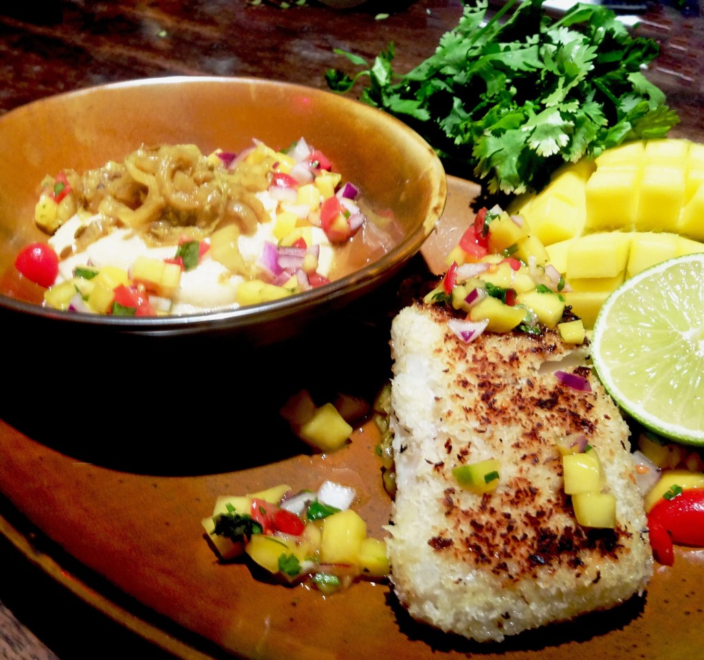 145. Nauru: Coconut Crusted Fish with Mango Salsa and Miso Cauliflower&nbsp;Puree